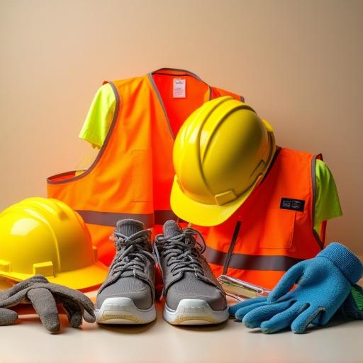 Koleksi topi keselamatan, ves dan sarung tangan